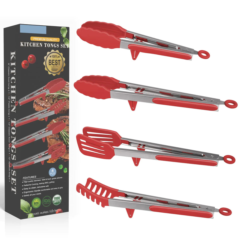 4in1 Stainless Steel Kitchen Food Tongs Set for Cooking with Silicone Tips Toaster Steak Pie Pizza Pasta Spaghetti Noodles Salad Fruit Vegetable Grill BBQ Buffet Clamp Serving Tools Gadgets