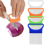Andibro 4 Pcs Onion Holder for Slicing Stainless Steel Onion Slicer Onion Cutter Chopper Crinkle Cutter for Veggies Meat Cutter Holder Comb Fruit Cutter for Kitchen Worker Safety Cooking Tools