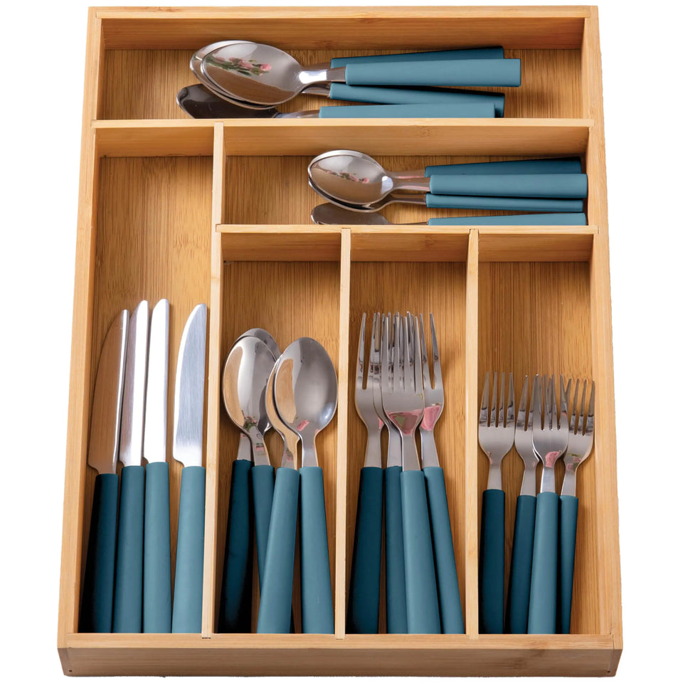 COOK WITH COLOR Bamboo Kitchen Utensil Set with Drawer Organizer | Cooking Tools and Storage Caddy Blue 25 Piece Cutlery Set