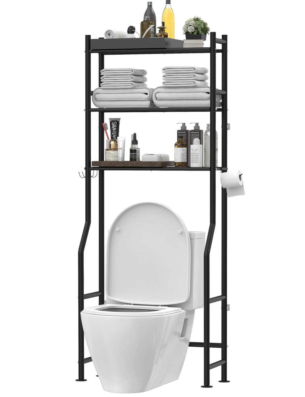 Livilord 3-Tier Over The Toilet Storage Freestanding Metal Bathroom Shelves with 4 Hooks Over Toilet Storage Shelf with Paper Holder Above The Toilet Shelf for Bathroom Storage Black