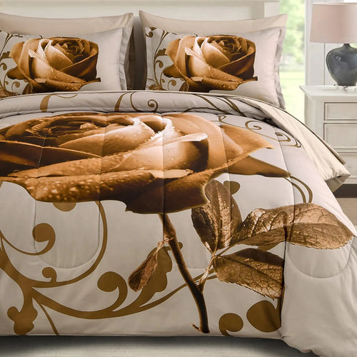 WONGS BEDDING Brown Comforter Set Queen Reversible Valentines Day Brown Rose 7 Pieces Bed in a Bag Lightweight Soft Microfiber Bedding Sets with Flat Sheet Fitted Sheet Pillowcases & Shams