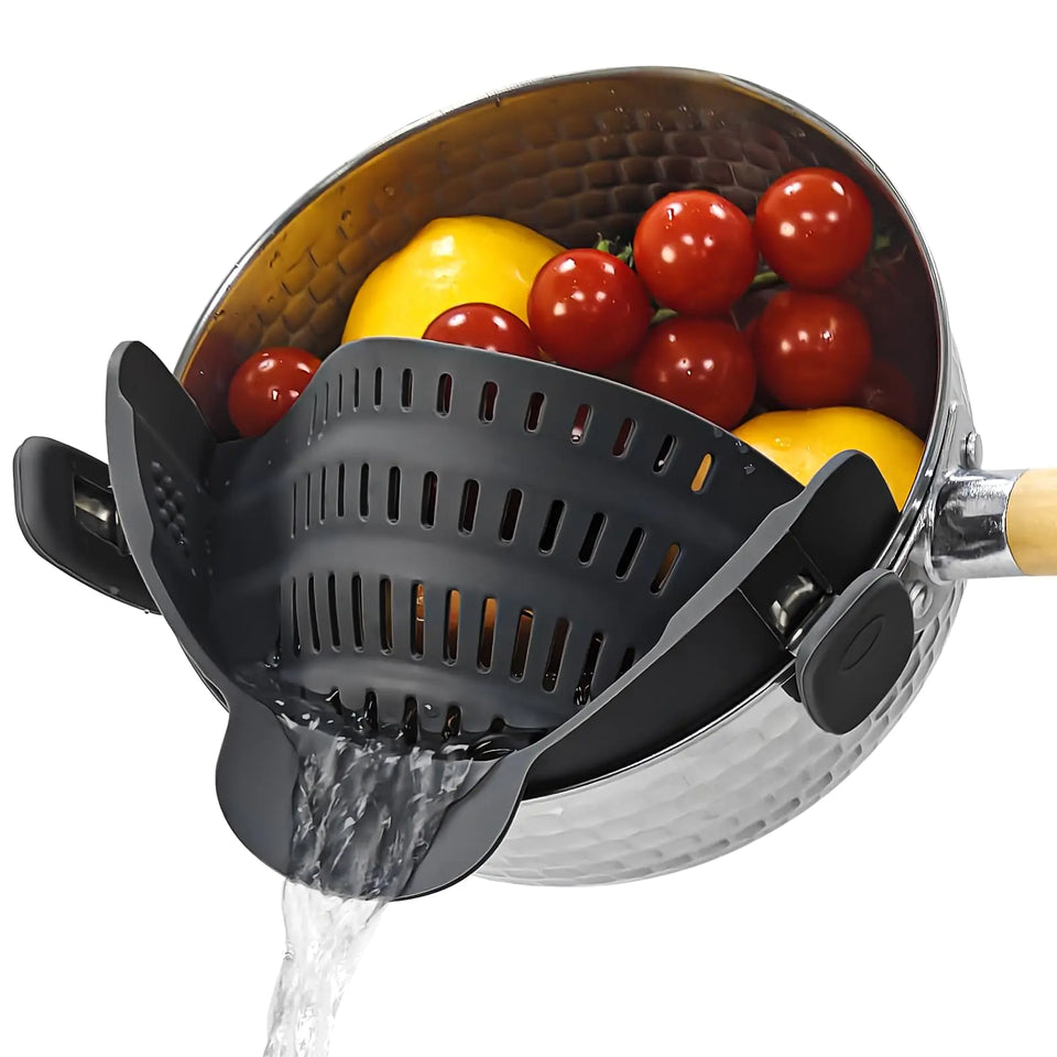 Starkitchen Clip On Strainer for Pots Pans Silicone Clip-On Colander Pasta Strainer Heat Resistant Food Strainer Kitchen Gadgets for Meat Vegetables Fruit Noodles Essential Cooking Tools - Black