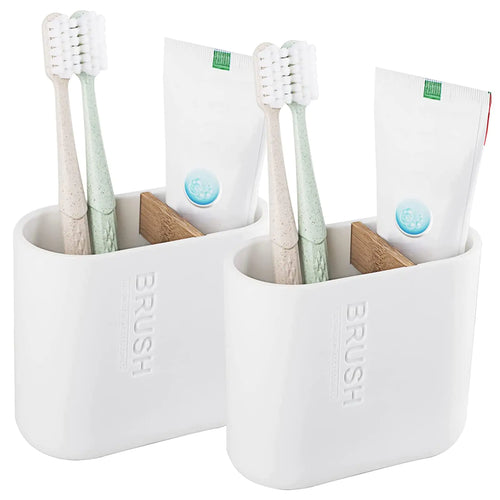 Toothbrush Holders Bamboo Electric Toothbrush Holder Bathroom Storage Organizer Countertop for Toothpaste Floss Razor 2 Pack White