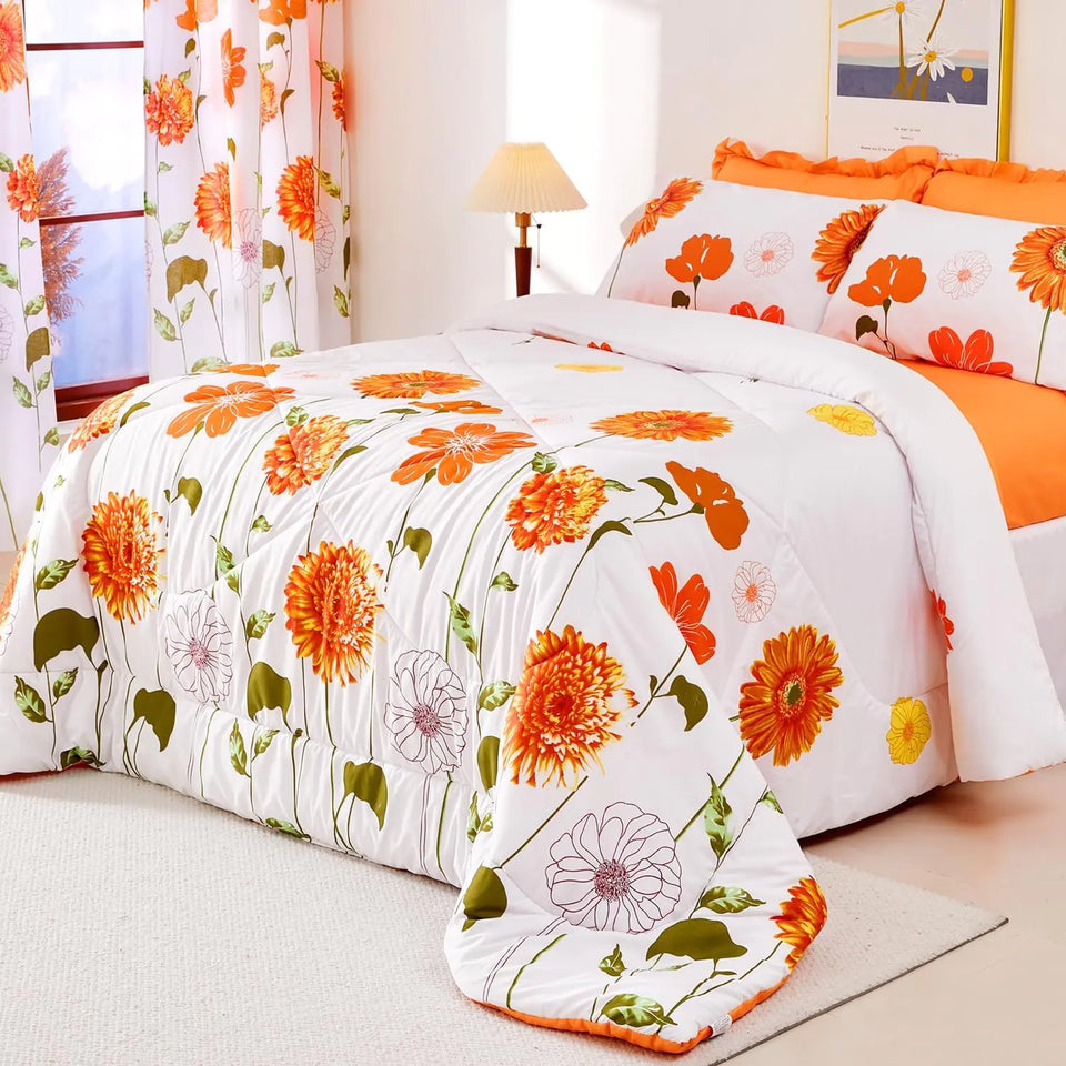 EVENHUG King Comforter Set 7 Pieces Reversible King Size Comforters for All Season Orange Sunflower Floral Bedding Sets Bed in a Bag with Flat Sheet and Fitted SheetPillowcases & Shams