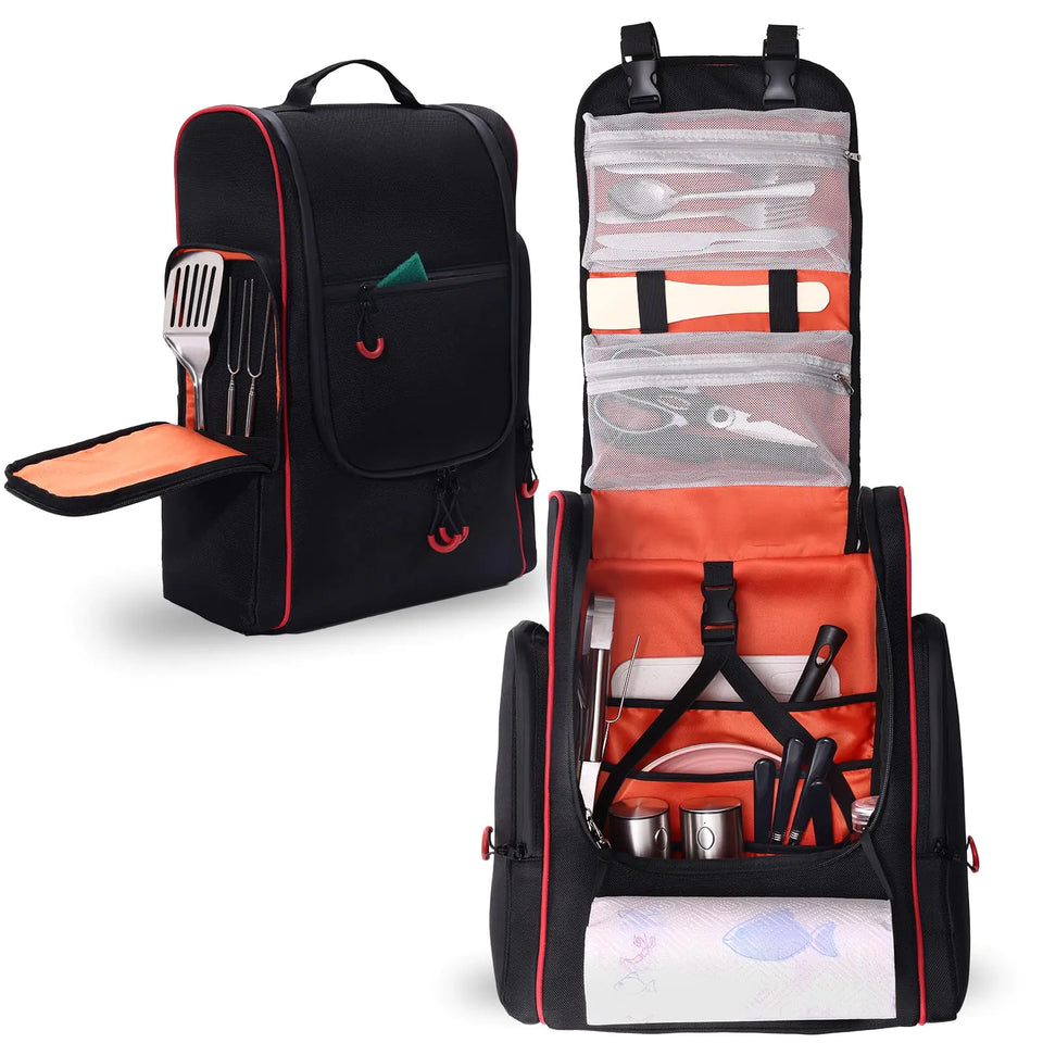 GHWMYD Camping Organizer for Outdoor Kitchen Storage Large Hanging Cookware Backpack with Paper Towel Holder Multi Pockets Camp Utensil Containers for BBQ Grill Cooking Essential Tools Bag Only