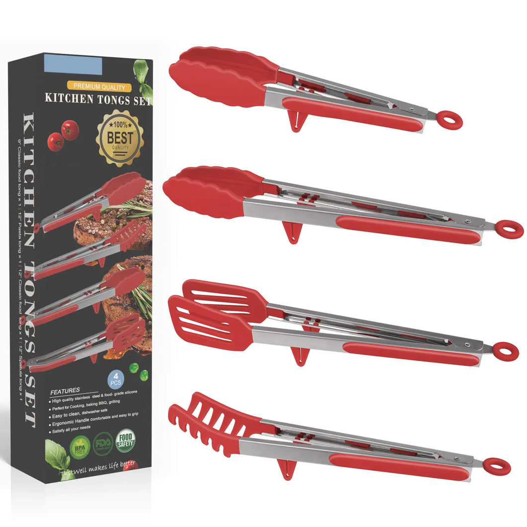 4in1 Stainless Steel Kitchen Food Tongs Set for Cooking with Silicone Tips Toaster Steak Pie Pizza Pasta Spaghetti Noodles Salad Fruit Vegetable Grill BBQ Buffet Clamp Serving Tools Gadgets