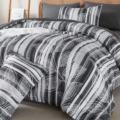 King Comforter Set 7 PiecesGrey Botanical Bed in a BagBoho Striped Comforter and Sheet SetSoft Microfiber Bedding Sets 90