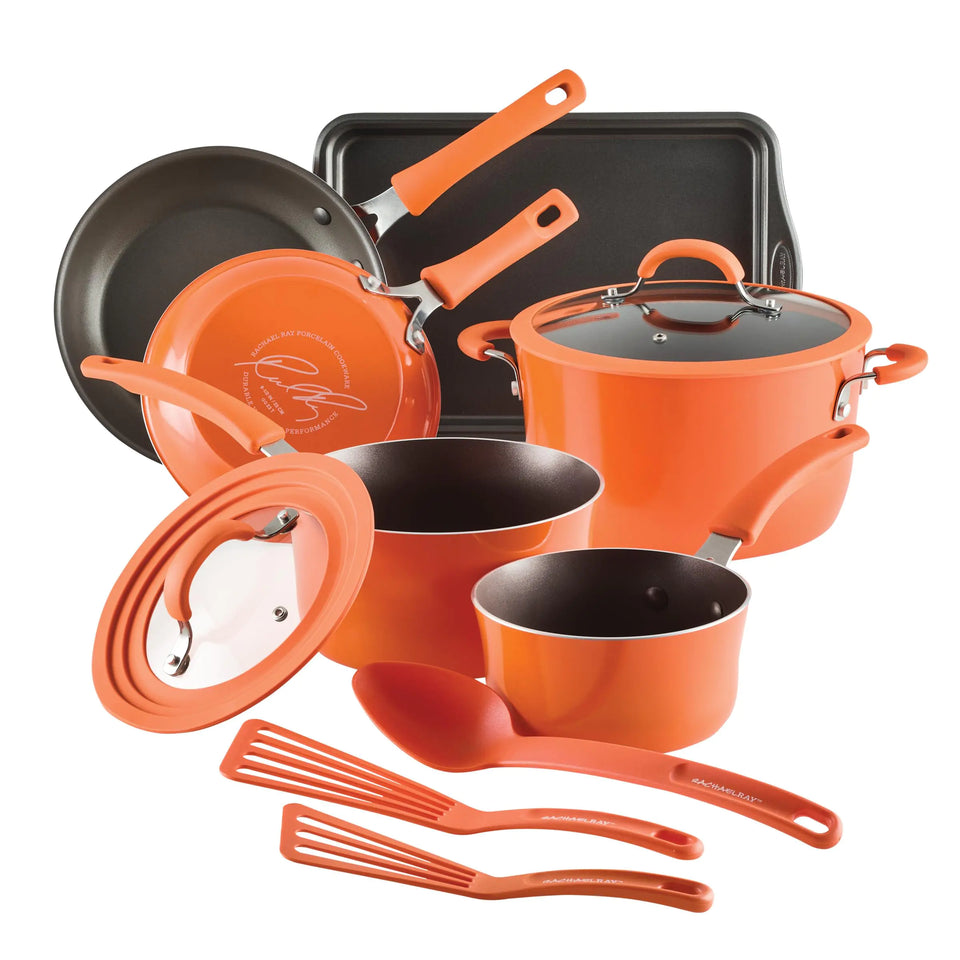 Rachael Ray Cook + Create Nonstick Pots and Pans Set with Universal Space-Saving Lids Baking Pan/Cookie Sheet and Kitchen Cooking Tools Cookware Set 11 Piece - Orange